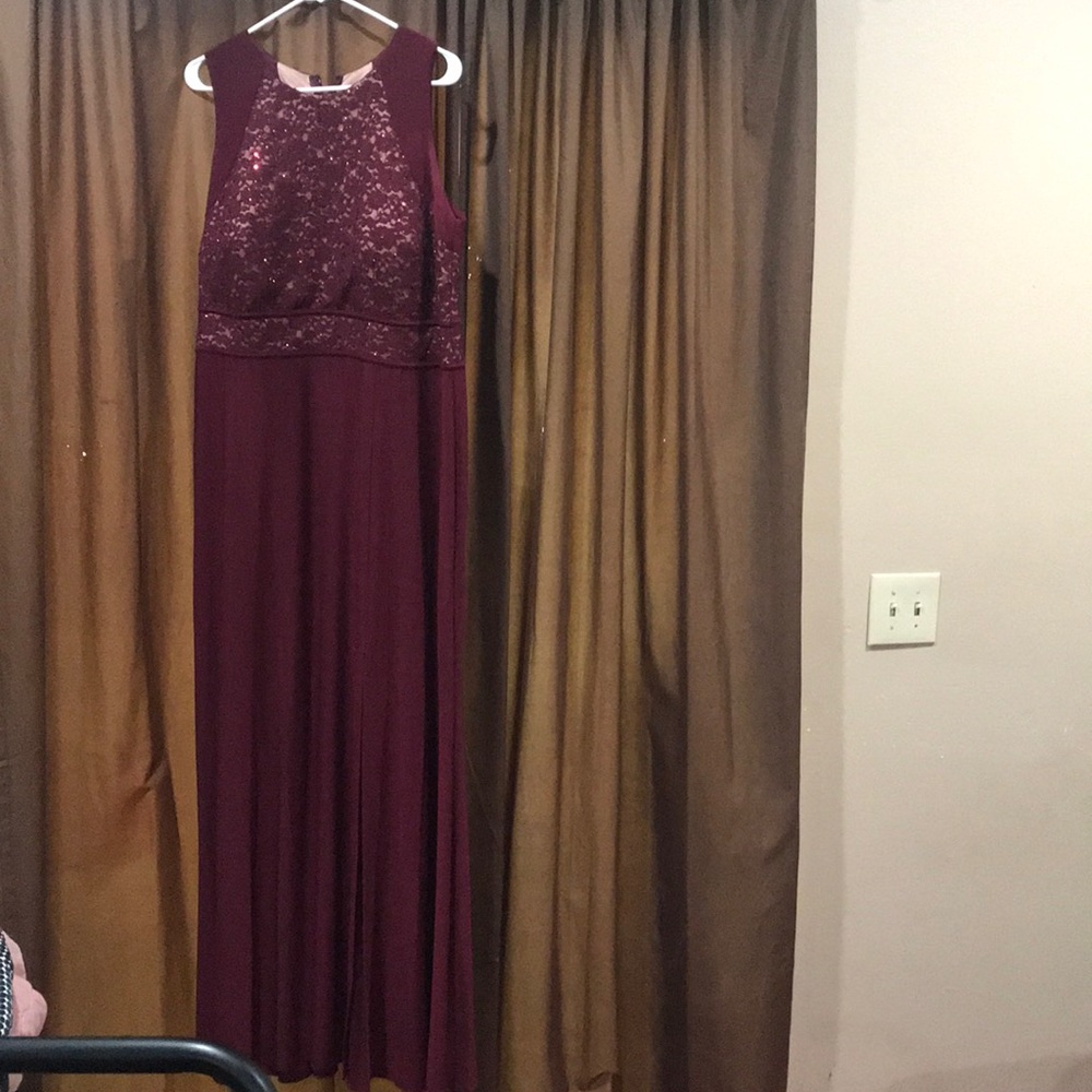 burgundy dress, sequined top, slit up the left